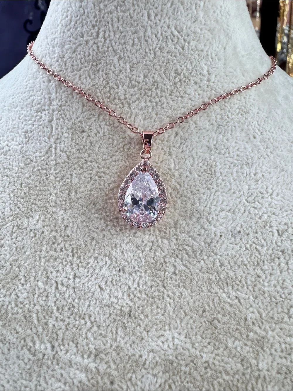 Rose Gold Teardrop Cubic Zirconia Pendant Necklace with Clear Cubic Zirconia